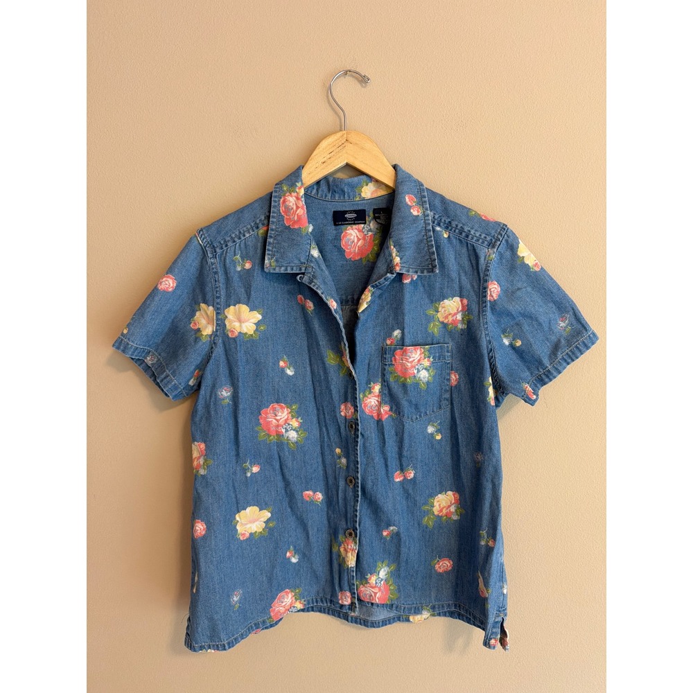 Vintage‎ Floral Denim Shirt Short Sleeve Blue Large